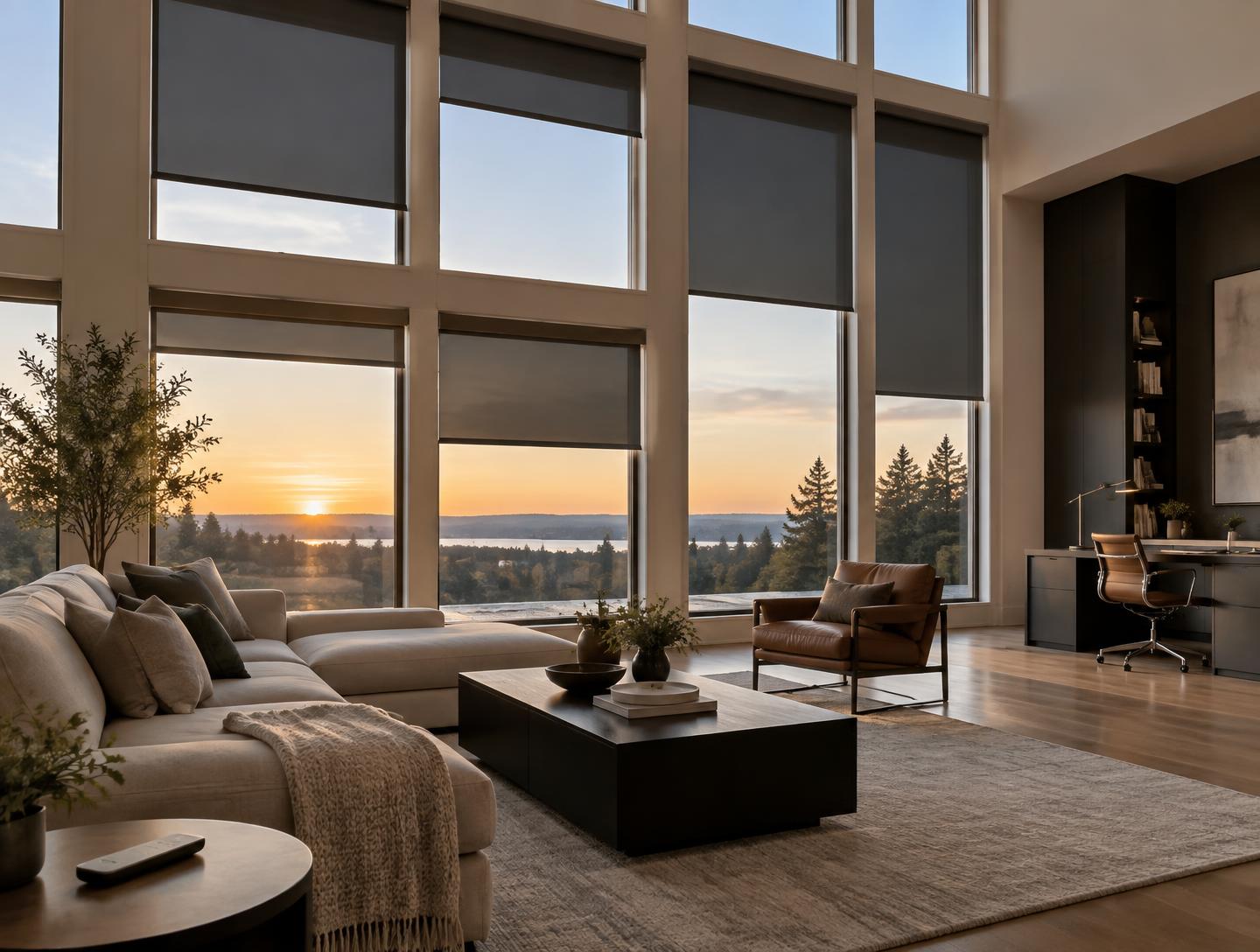 Modern interior with motorized roller shades on tall windows