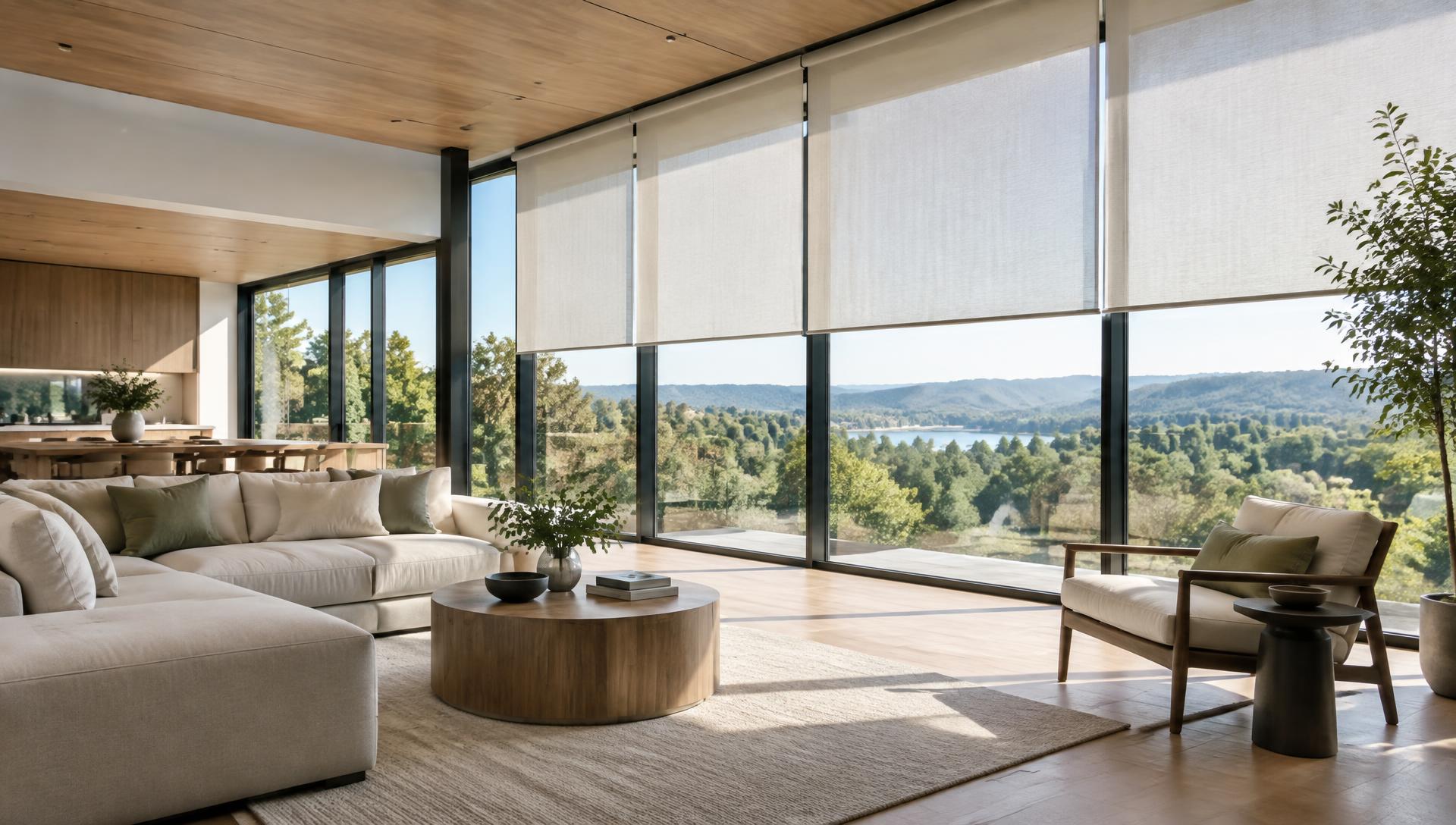 Modern living room with custom roller shades on floor-to-ceiling windows